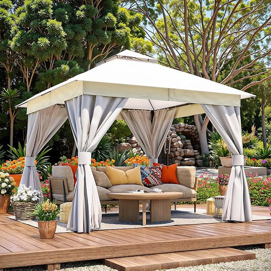 LAUSAINT HOME Outdoor Patio Gazebo 10'x10' with Expansion Bolts, Heavy Duty Gazebos Shelter Party Tent with Double Roofs, Mosquito Nettings and Privacy Screens for Backyard, Garden, Lawn, Cream White