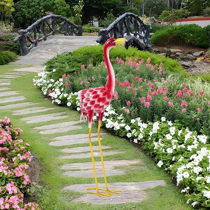 Flamingo Garden Metal Statues - Pink Flamingo Sculptures, Metal Birds Yard Art Outdoor Statue, Outdoor Backyard Decor, Patio, Porch, Lawn Ornament Large Iron Yard Decoration - 33 Inch