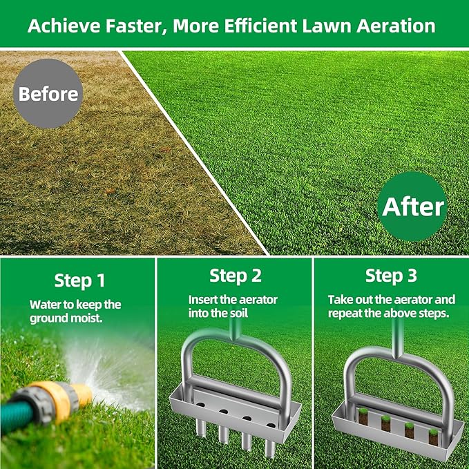 Lawn Aerator Coring Tool with Soil Core Storage Tray,4 Tine Stainless Steel Manual Garden Plug Aerator for Yard Grass,Lawn Coring Aeration for Soil Aeration,Lawn Care Cleaning,Compacted Soil(Silver)