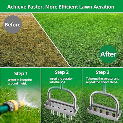 Lawn Aerator Coring Tool with Soil Core Storage Tray,4 Tine Stainless Steel Manual Garden Plug Aerator for Yard Grass,Lawn Coring Aeration for Soil Aeration,Lawn Care Cleaning,Compacted Soil(Silver)