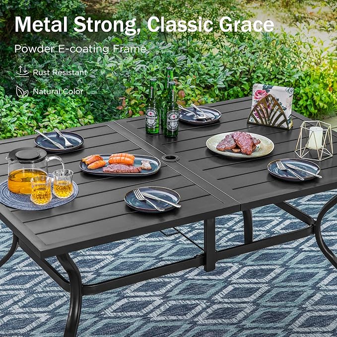 PHI VILLA 7 Piece Outdoor Dining Set for 6, 60” Rectangular Wrought Iron Table with Umbrella Hole & Cushioned Rattan Chairs, Large Furniture Set for Patio, Deck, Yard, Porch