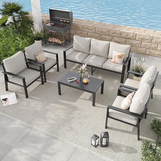 7 Seats Patio Conversation Set, Aluminum Outdoor Furniture Set Sectional Sofa with Upgrade Cushion and Coffee Table for Balcony, Porch,Garden,Backyard