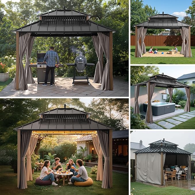 SUNJOY Kingston 12' x 10' Hardtop Gazebo with Galvanized Steel Double Roof, Curtain and Netting, Woodgrain Finish Aluminum Posts Permanent Pavilion Gazebo for Garden, Patio, Deck, Lawn