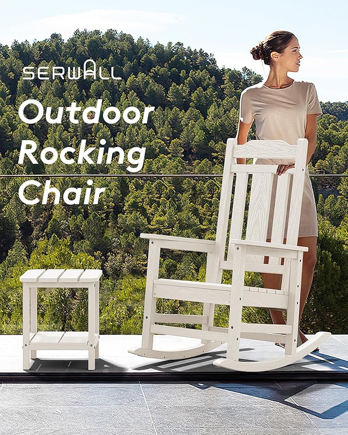 SERWALL Outdoor Rocking Chair White Set of 4, All Weather Patio Rocking Chair, HDPE Poly Rocking Chair for Adults, Heavy Duty Front Porch Rocker