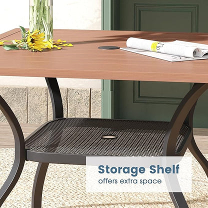 DIFY Outdoor Dining Table, Patio Square Metal Dining Table with 1.57" Umbrella Hole for 4 Person, Ideal for Poolside, Deck, Garden and Balcony, Walnut