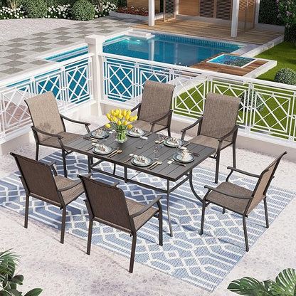 PHI VILLA Patio Dining Table and Chairs for 6,Outdoor Chairs with Textilene Fabric,Quick-Dry and Waterproof,Large Metal Table with Umbrella Hole,Durable and Sturdy for Outside,Garden,Yard