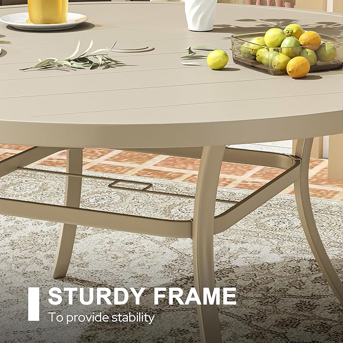 VICLLAX 50" Outdoor Round Patio Dining Table for 4-6, All Weather Metal Dining Table with Umbrella Hole for Deck Lawn Garden Backyard, Sandshell