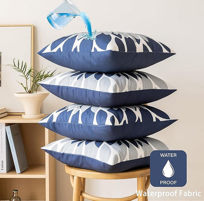 Qahing Pack of 4 Outdoor Waterproof Pillow Covers 24x24 Decorative Outdoor Throw Pillows Garden Square Cushion Cases for Patio Furniture, Couch, Tent Sunbrella, Bench, Navy Blue Grey