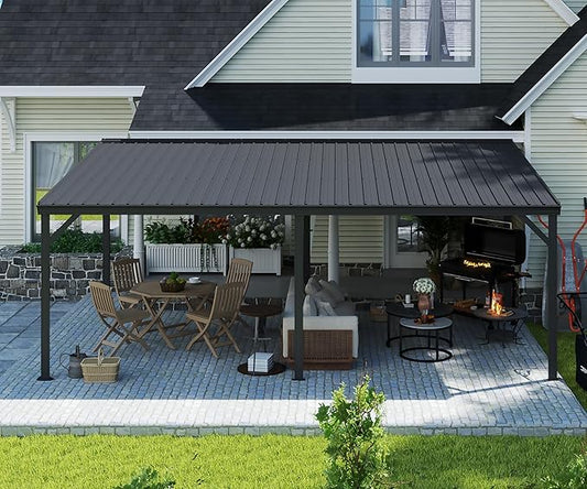 Domi 12’x20’ Lean-to Gazebo, Hardtop Wall-Mounted Gazebo Pergola with Sloping Galvanized Steel Roof and Upgraded Drainage System, Outdoor Permanent Metal Shelters for Patio Backyard Deck, Grey