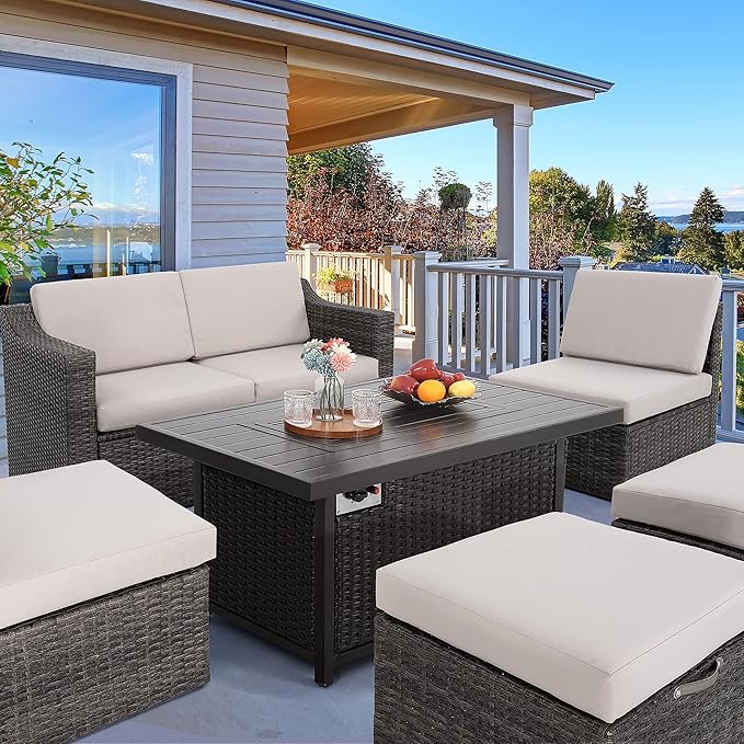 HAPPATIO Propane Fire Pit Table - 48 inch 50,000 BTU Aluminum Outdoor Patio Fire Pit,Wicker & Aluminum Rectangular Propane Gas Fire Pit, Clear Glass Rock and Tabletop Lid, Black PE Rattan(Brown)