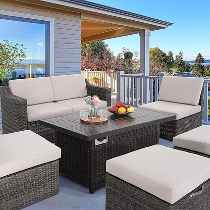 HAPPATIO Propane Fire Pit Table - 48 inch 50,000 BTU Aluminum Outdoor Patio Fire Pit,Wicker & Aluminum Rectangular Propane Gas Fire Pit, Clear Glass Rock and Tabletop Lid, Black PE Rattan(Brown)