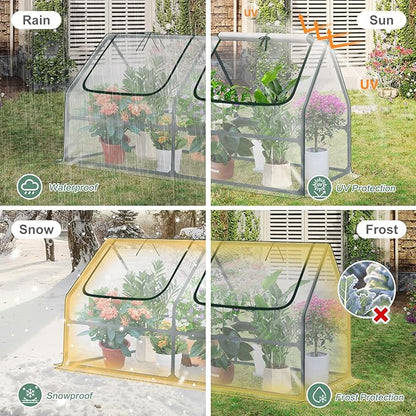 Aoodor 4 x 2 x 2 ft Mini Greenhouse with 2 Zipper Doors, Water Resistant, UV Protected for Flowers, Vegetables and Herbs, Transparent