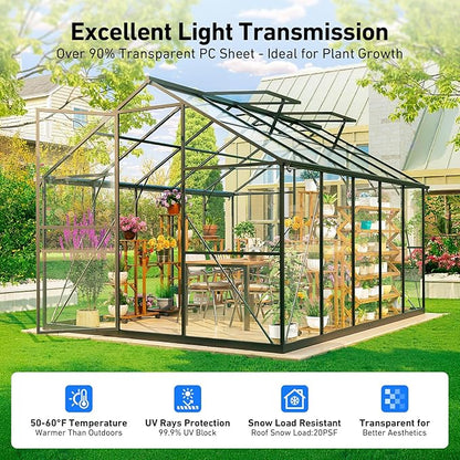 Outdoor Greenhouse, Polycarbonate Green House, Small Walk-in Greenhouse with Vented Roof Window, Windproof Aluminum Frame with Quick-Installation Structure, Suitable for Gardening
