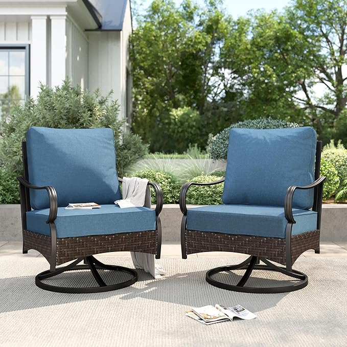 PHI VILLA Patio Swivel Chairs Set of 2, Outdoor Wicker Chairs with Thick Cushion, All Weather High Back Outdoor Furniture for Balcony Porch and Yard