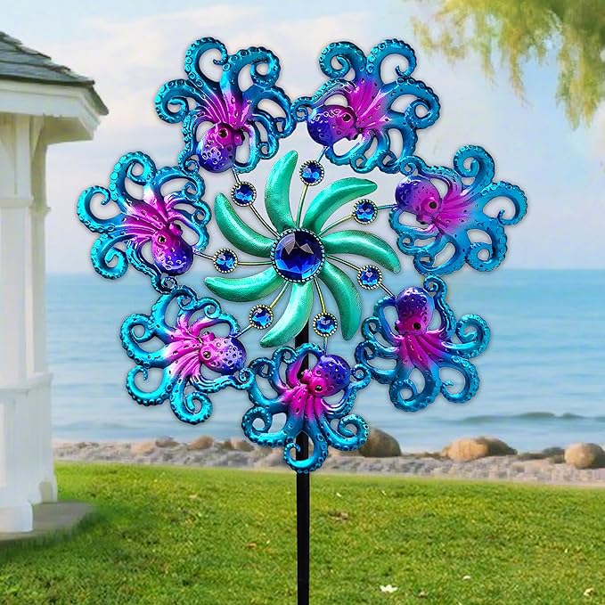 48" Octopus Wind Spinners for Yard and Garden,Ocean Theme Outdoor Decor with Metal Stake Yard Spinners,Wind Sculpture Decorations for Patio,Lawn & Garden