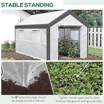 Outsunny 12' x 7' x 7' Walk-in Greenhouse, Outdoor Garden Warm Hot House with 4 Roll-up Windows, 2 Zippered Doors and Weather Cover, White