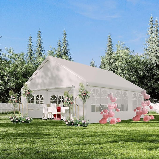 20'X20' Party Tent with Removable Sidewall Windows, Outdoor Heavy Duty Wedding Gazebo, Event Shelter Wedding Canopy Tent for Parties Carport BBQ, White & Straight Edge