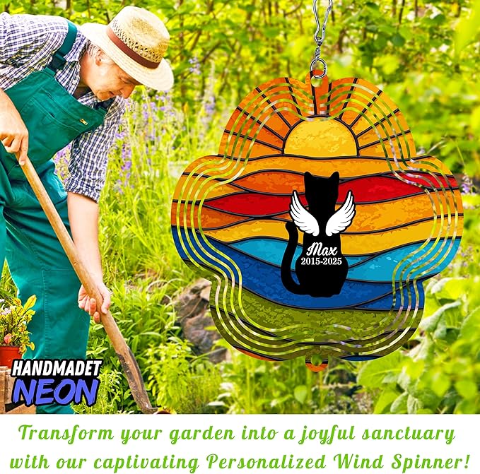 Personalized Cat Memorial Wind Spinner Metal Outdoor Art, Custom Rainbow Angel Wings 3D Kinetic Sculpture, Ornament Hanging Pet Sympathy Gifts for Cats