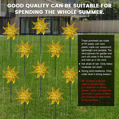 10 PCS Reflective Pinwheels for Yard and Garden Bird Devices Pre-Installed Sparkly Wind Spinner Deterrent to Scare Birds Away from Yard Patio Farm (Yellow)