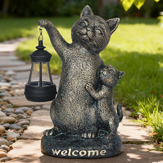 Cat Garden Decor Outdoor Statue - Cute Cats Figurine Ornaments with Solar Lights,Garden Waterproof Sculptures for Yard Lawn Backyard Patio Balcony Home Decorations,Unique Gift for Mom & Cat Lovers