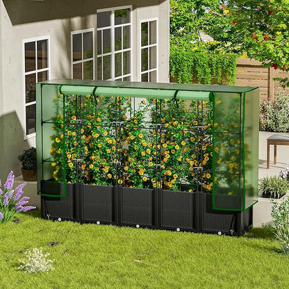 Onelike 80'' x 16'' x 55.5'' Plastic Raised Garden Bed with Greenhouse Cover and Trellis, Vertical Tomato Planters for Climbing Plants, Self Watering System Tomatoes Cage for Patio,Black,Large
