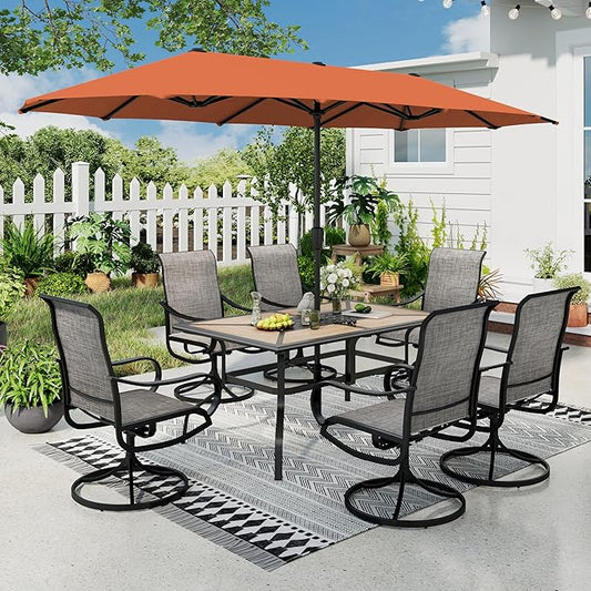 Sophia & William Patio Set with Umbrella Patio Dining Set for 6 with 13ft Rectangle Patio Umbrella Red, 6 x Patio Chairs Brown, 1 Wood Like Outdoor Dining Table with Umbrella Hole for Lawn Garden
