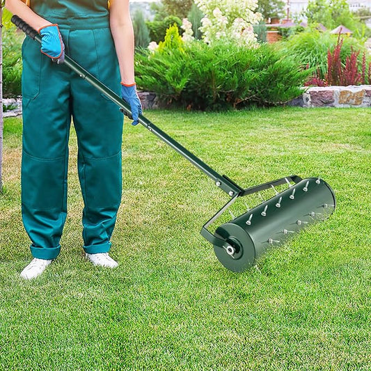 IRONMAX Rolling Lawn Aerator, Sand/Stone Filled Manual Dethatching Soil Aerating Push Tool with Ergonomic Handle, Grass Aerator Lawn Tool for Yard, Garden, Lawn Health Care (21''W x 51''H)