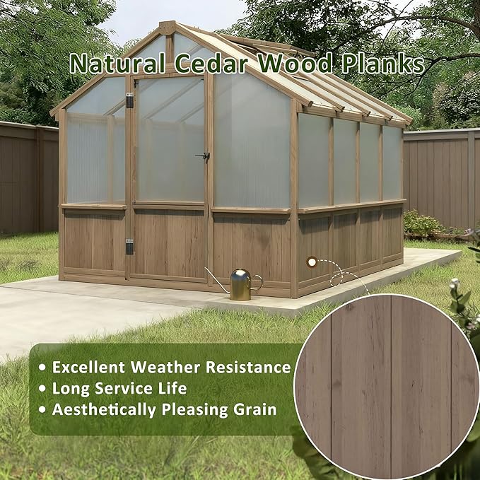 Greenhouse for Outdoor, 6x8ft-8x12ft Wooden WAK-in Greenhouse Kitwith 6MM Thick Polycarbonate Panel, Lockable Door & Adjustable Roof Vent ，Backyard Garden ﻿ (Light Mocha Brown, 8*8FT)