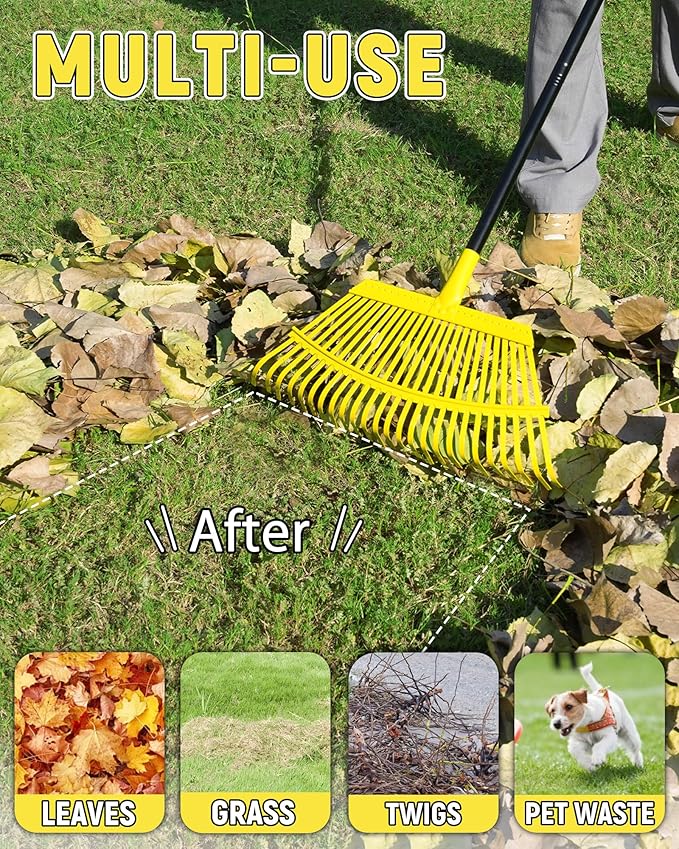 Garden Leaf Rake 2 Pack, 11+25 Tines Metal Leaf Rake with Adjustable Handle, Heavy Duty Lawn Yard Rakes Set for Leaves, Grass, Shrubs, Debris, Pine Needles, Garden Cleanup Tools for Backyard