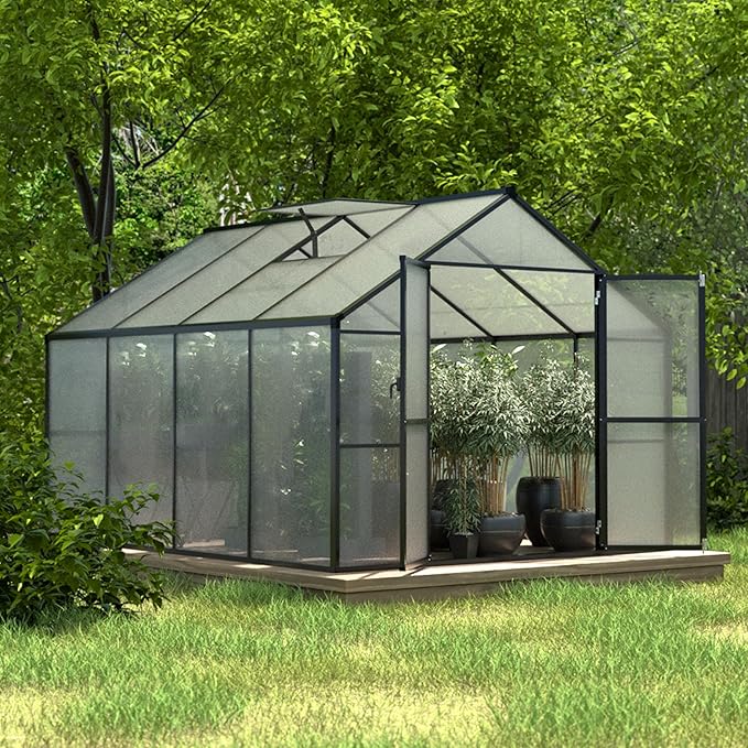 8x8 FT Outdoor Greenhouse Kit, Polycarbonate Aluminum Walk-in Greenhouse with Adjustable Roof Vent and Lockable Door, Backyard Garden in Winter, Gray