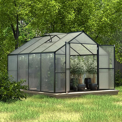 MUPATER 8 x 8 FT Outdoor Polycarbonate Greenhouse Kit with Sliding Lockable Door, Walk-in Backyard Green House with Aluminum Frame & Adjustable Roof Vent for Outdoor, Gray