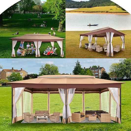 COBIZI Gazebo 12x20 Heavy Duty Gazebos with Improved Nettings Outdoor Gazebo Canopy Double Roof Patio Gazebos with Metal Steel Frame for Patio, Garden, Backyard (Khaki)