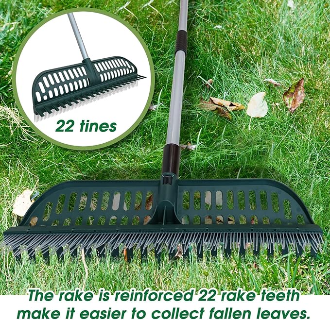ORIENTOOLS Garden Leaf Rake 2 in 1 Turf Rake for Artificial Grass and Lawn with Telescopic Steel Handle, 49" to 63" Long