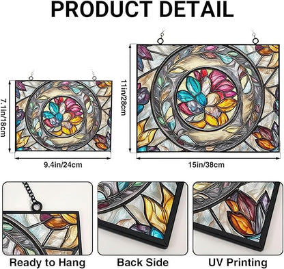 Customized Rectangle Floral Ring Suncatcher Stained Glass Window Hangings Sun Catchers Colorful Ornament Gifts for Women Mom Wife Halloween Christmas Housewarming