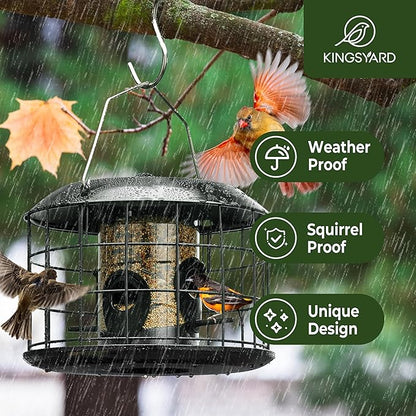 Kingsyard Mesh Caged Bird Feeders for Outdoor Hanging, Tube Squirrel Proof Bird Feeders with Tray for Small Birds Finches Bluebird, Rain Proof Covered, 4 Feeding Ports, Black