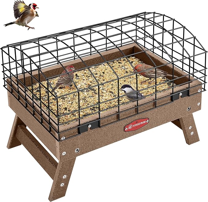 Kingsyard Squirrel Proof Ground Bird Feeder for Outdoors - Recycled Plastic Platform Feeding Station, Fly-Through Metal Caged Wild Bird Feeder for Small Birds, 5 LBS Large Capacity, Brown