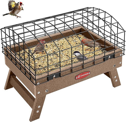 Kingsyard Squirrel Proof Ground Bird Feeder for Outdoors - Recycled Plastic Platform Feeding Station, Fly-Through Metal Caged Wild Bird Feeder for Small Birds, 5 LBS Large Capacity, Brown