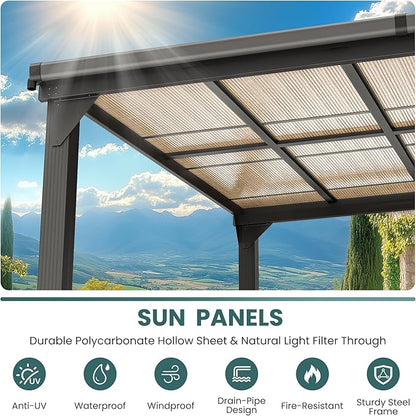 10 * 24FT Wall Mounted Gazebo,4*4 Inch Thickened Pillars & Enlarged Base,Outdoor Hardtop Lean to Pergola,UV Resistant Polycarbonate Roof,Aluminum Frame Pergola,Outdoor Patio Awnings for Lawn