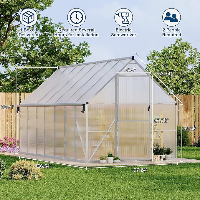 8X14 ft Polycarbonate Greenhouse with Aluminum Frame, Polycarbonate Greenhouse for Outdoors, Greenhouses with Ventilation and Rain Gutter, Aluminum Large Walk-in Greenhouses for Outside
