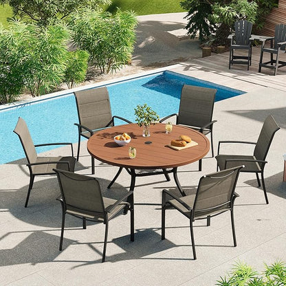 VICLLAX Round Patio Dining Table, 4-6 Person Metal Outdoor Dining Table with Umbrella Hole for Garden Lawn Deck, 47.2" Walnut