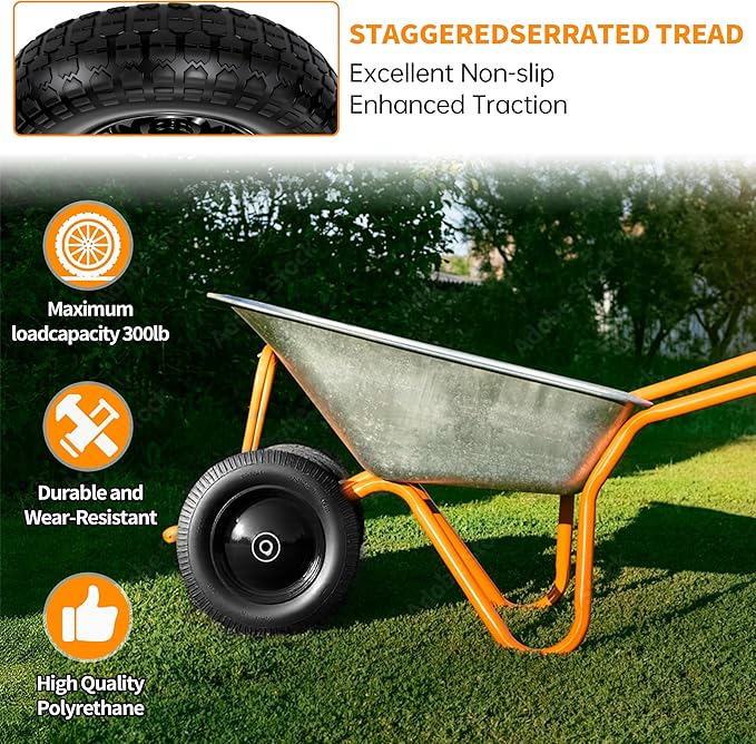 13" Flat Free Tire and Wheel,4.00-6 Wheelbarrow Wheels and Tires with 5/8" or 3/4" Bearings, 13"Solid Tires Replacement for Wheelbarrow, Gorilla Cart, Hand Trucks, Garden Carts 4 Pack