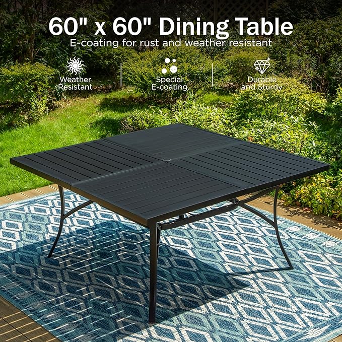 PHI VILLA Patio Dining Set for 8,Extra Large Square Metal Table with 1.9" Umbrella Hole and 8 Textilene Dining Chairs,Breathable,Waterproof,Durable and Sturdy,Outdoor Table and Chairs for Outside