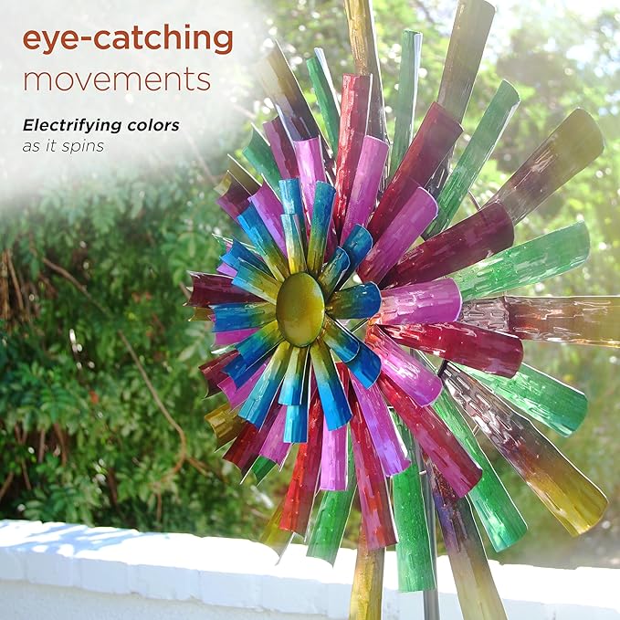 Alpine Corporation 81" Tall Outdoor Colorful Flower Wind Spinner Stake Yard Decoration, Multicolor