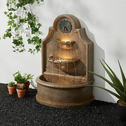 Glitzhome Outdoor Wall Mounted Water Fountain with LED Lights and Pump, Oversized Antique European Style 3-Tier Polyresin Cascading Floor-Standing Fountain for Porch Deck Patio Backyard, 37.25" H