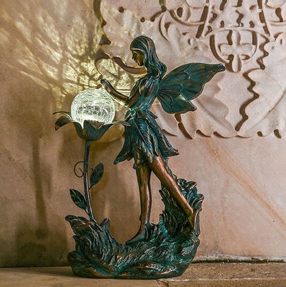 TERESA'S COLLECTIONS Garden Fairy Large Bronze Garden Sculptures & Statues Resin with Solar Outdoor Light, Valentines Decorations Lawn Ornaments for Outdoor Decor, Gifts for Women Mom, 10.6"