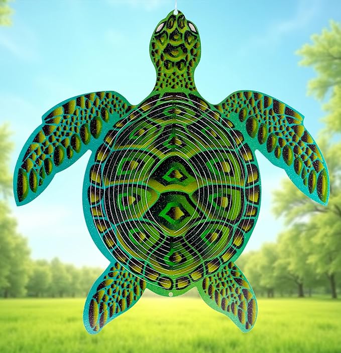 ISEO Turtle Wind Spinner for Yard and Garden, Hanging Outdoor Decor, Yard Art, Porch and Patio Decorations, Metal Wind Spinners Outdoor, Weather Resistant, 15”