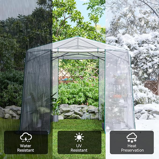 Joyside 12 x 8 FT Outdoor Pop up Greenhouse with Adjutable Reinforced Frame, Durable PE Cover and Mesh Windows, Portable Greenhouse for All Seasons, Easy Set Up (White, 12 x 8 FT)
