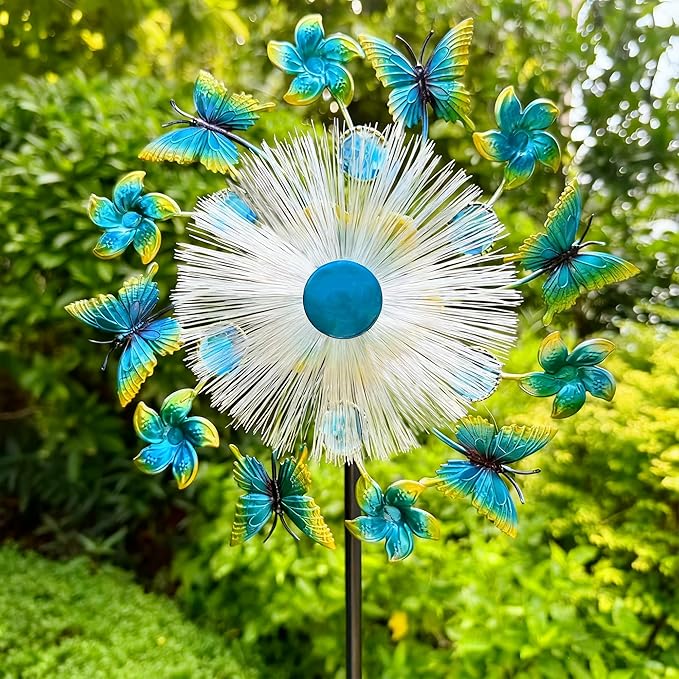 46" Butterfly Flower Solar Wind Spinners for Yard and Garden, Sapphire Kinetic Windmill Wind Spinner Outdoor Decor, Wind Sculpture Yard Art for Patio, Lawn & Garden