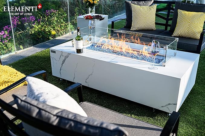 Elementi+ | Carrara Gas Fire Pit | Marble Porcelain & Metal Frame | 60" Rectangular Fire Table | Electronic Ignition | Canvas Cover, Fire Glass & Burner Lid Included | White | Natural Gas