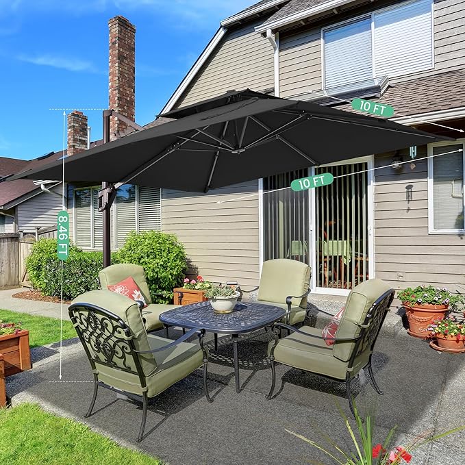 10x10 FT Cantilever Patio Umbrella with Base Included Double Top Outdoor Square Large Heavy Duty Aluminum Offset Umbrellas with 7 Level Tilt 360-degree Rotation for Pool Garden Deck,Black